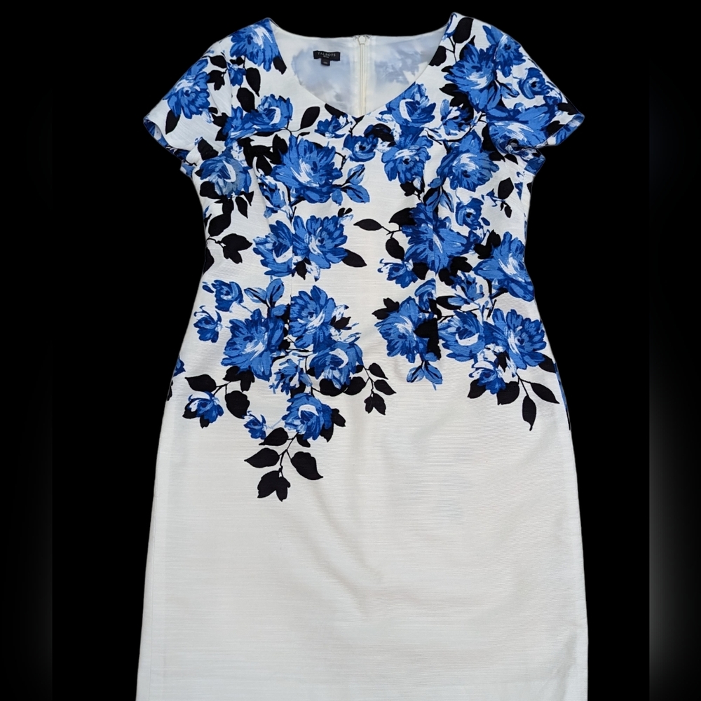 Talbots Petites * Sz 12P *  Blue Floral Sheath Dress Lined Short Sleeve Spring